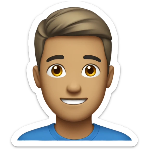 a young adult man, with blue t shirt, smiling brightly, natural beige skin, straight short hair, thinking about money sticker