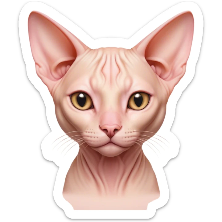 Cinematic Noble Sphynx Cat Portrait Emoji, Poised and regal, with smooth, hairless skin in warm peach and soft pink tones, striking large ears and intense almond-shaped eyes, Simplified yet sharp and sophisticated features, highly detailed, glowing with a soft, dignified glow, high shine, intelligent and graceful, stylized with an air of elegance, focused and attentive, soft glowing outline, capturing the essence of a watchful and refined feline, so majestic it feels as though it could glide across the screen with effortless confidence! sticker
