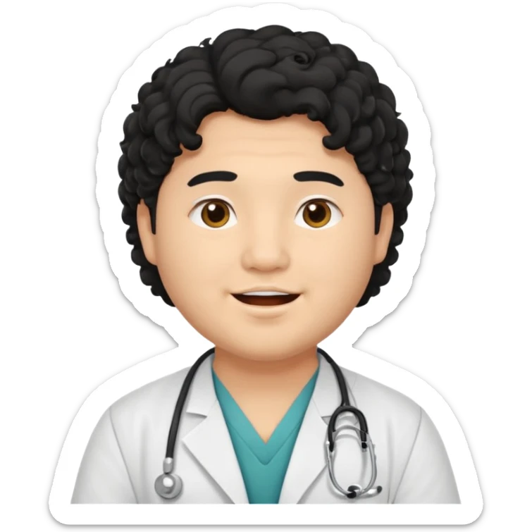 a young asian chubby male doctor with black long curly hair and cheerful face without gpasses sticker