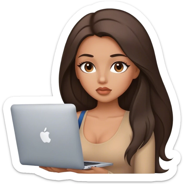 Glamours tanned very beautiful girl with big pump peach lips and dark chocolate straight smooth long hair, blue-grey eyes in brown/beige bodysuit with MacBook sticker