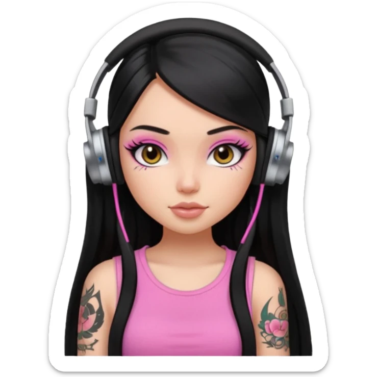 generate a pretty bratz girl with black long straight hair and headphones on, tattoo on shoulder, eyeliner on sticker