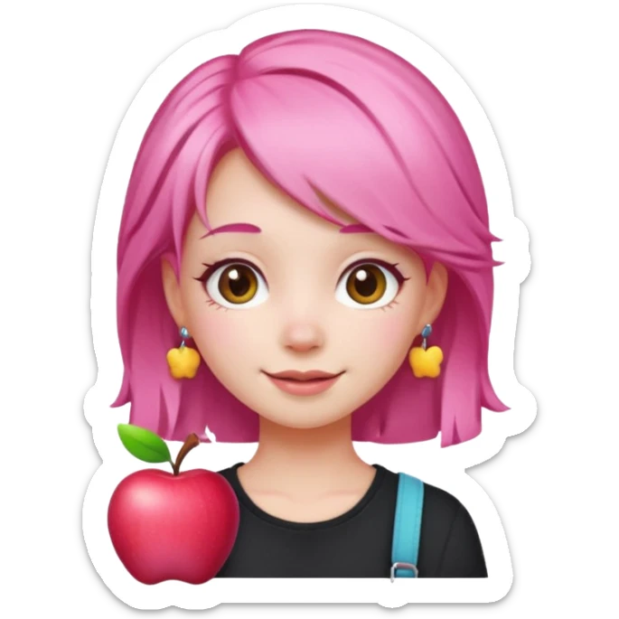 cute pink haired girl with cheerful pose and cute accessories. apple emoji style sticker