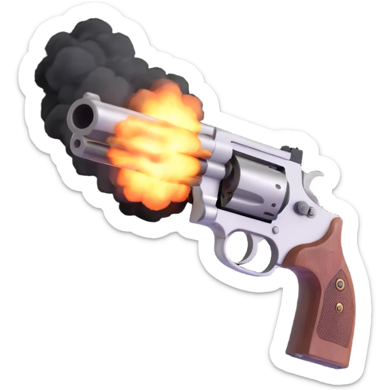 A realistic handgun firing a bullet, with muzzle flash and smoke coming out of the barrel sticker
