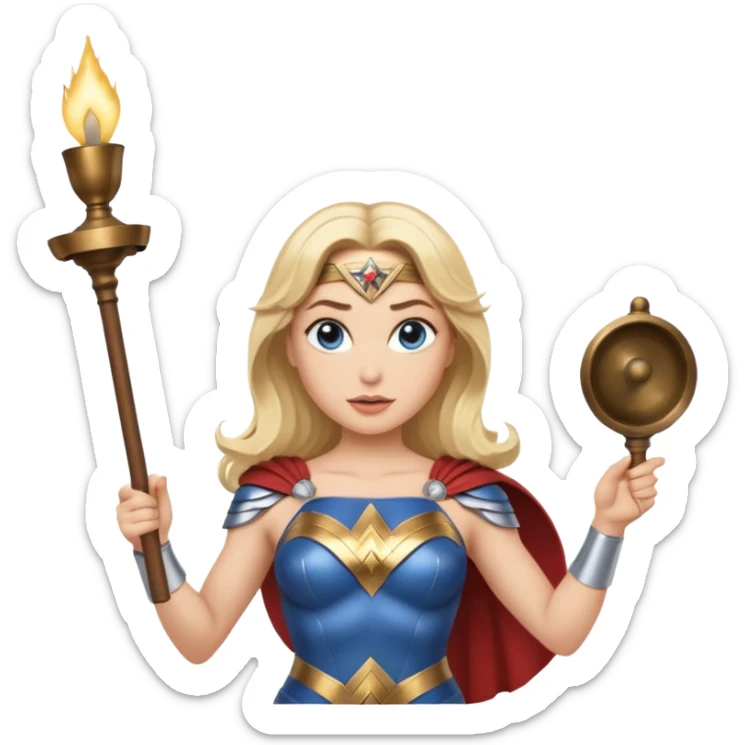 Blonde blue eyes Wonder Woman holding bell and short white conductor baton sticker