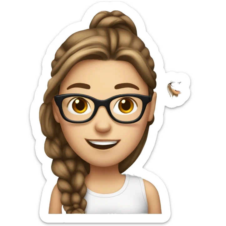 white girl, brown hair in ponytail, glasses and sticking her tongue out sticker