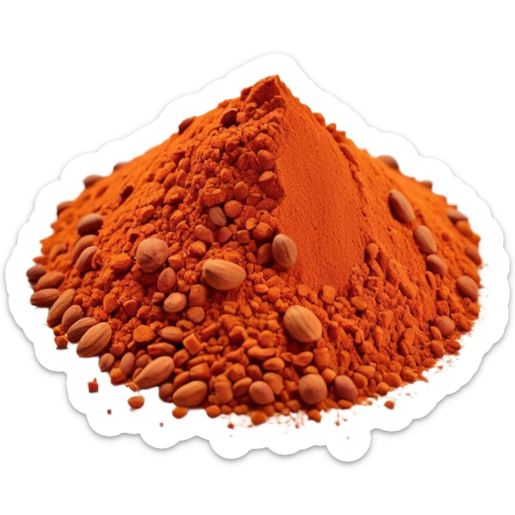 small scatter or mound of vibrant red-orange spice powder with slightly coarse flaky texture and matte finish, warm earthy color suggesting sun-dried peppers ground into fragrant flavorful dust, no bowl spoon or garnish, soft lighting, subtle shadows, emoji scale sticker