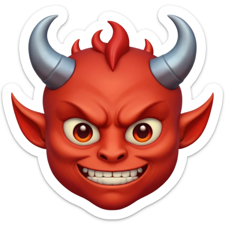 Demon cartoon emoji character, head and shoulders portrait (chest-up crop), centered face, confident and edgy expression, sharp eyes, subtle smirk, small curved horns, clean stylized face, not cute, not scary, modern emoji-style illustration, bold colors, smooth shading, high readability sticker