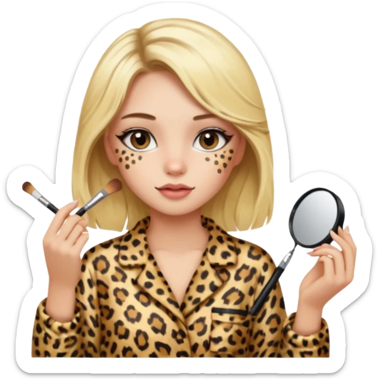 Az una chica maquillándose con el pelo rubio y con un pijama de leopardo aesthetic sticker