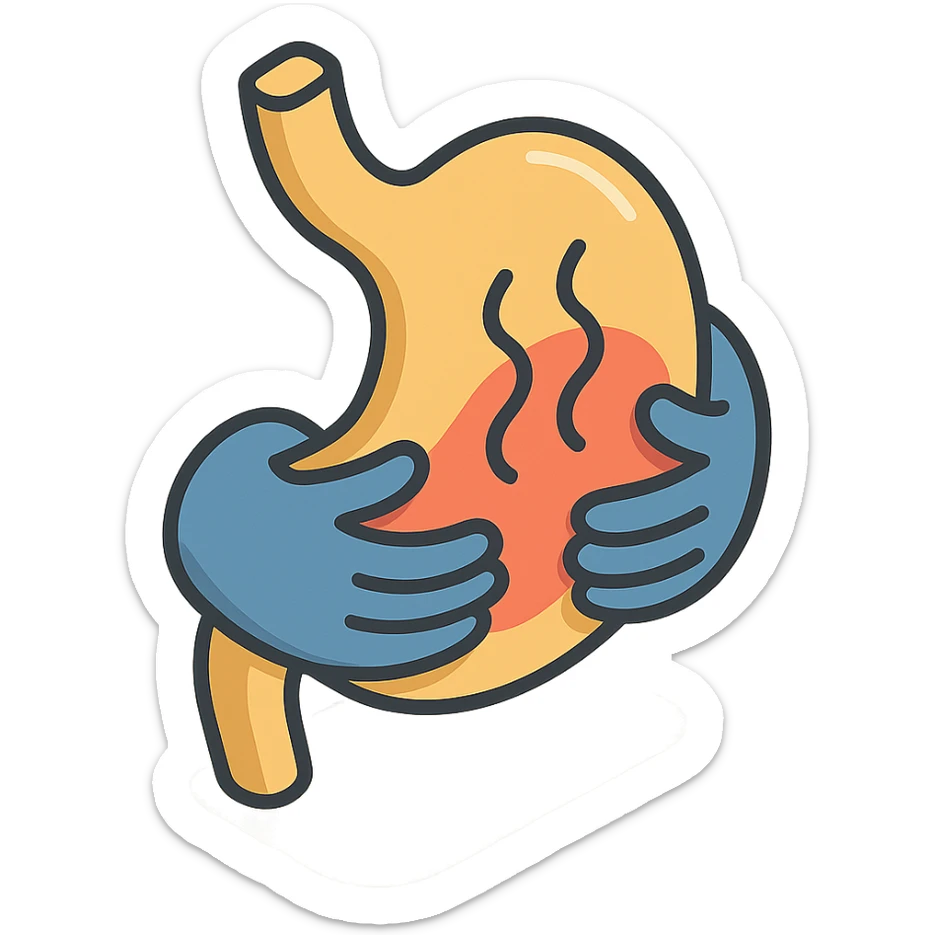 close-up of a painful stomach, stomach and hands with waves of pain, detailed shadows and highlights, no face or legs, transparent background sticker