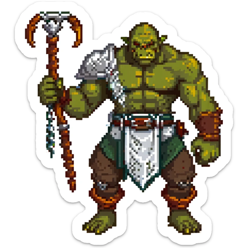 orc male Belt of defeated "Pesky Sand Crab" claws, flexing with a net full of loot. sticker