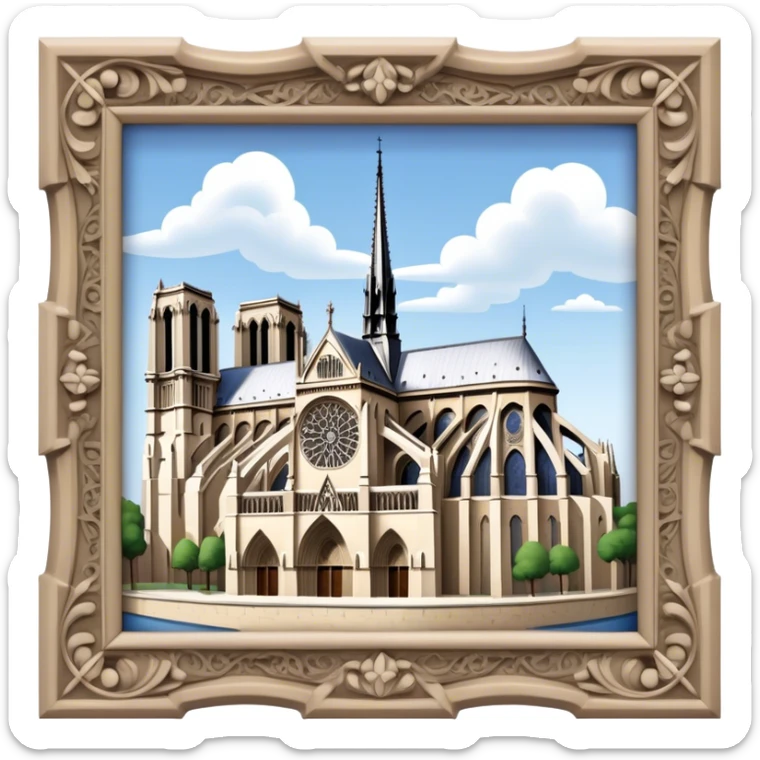 Cinematic Realistic Notre-Dame Cathedral Landmark Emoji, showcasing the Gothic splendor of the cathedral rendered with detailed stone carvings and majestic, soft lighting. sticker