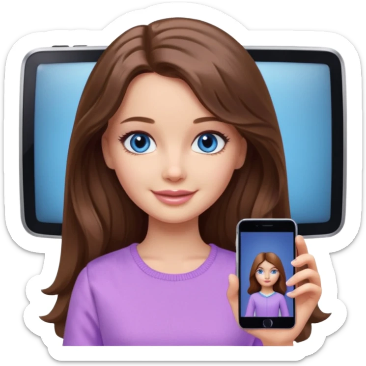 beautiful barbie girl with long brown hair, blue eyes and wearing light purple clothes watching stranger things on tv sticker
