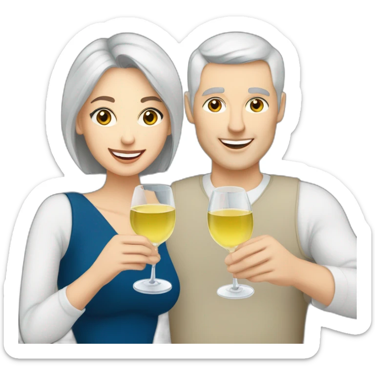 caucasian woman with brown eyes and blond short hair and a caucasian man with blue eyes and grey hair, toasting with a glass of white wine sticker
