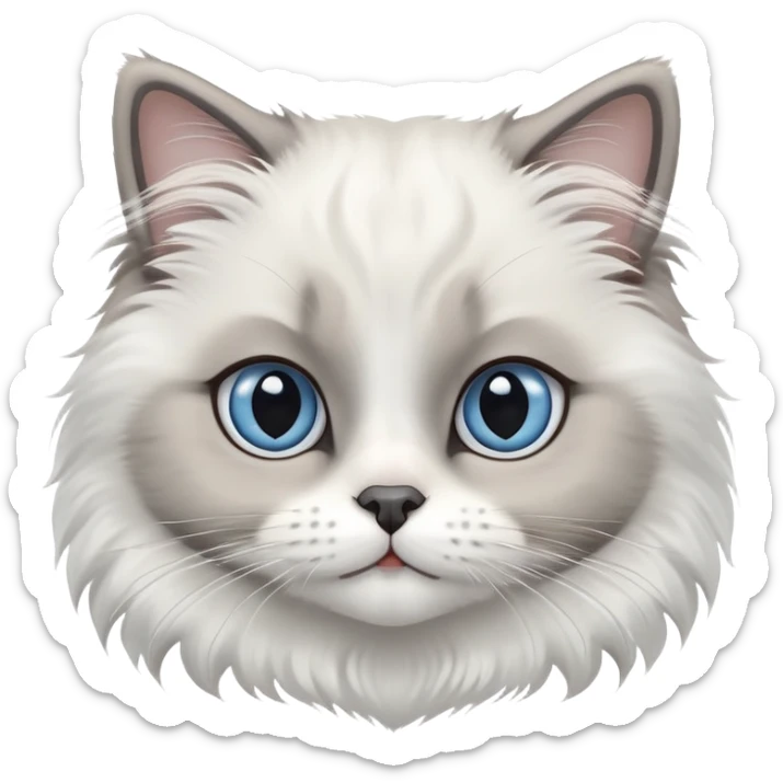 cinematic-adorable-big-eyed-fluffy-white and grey-ragdoll-cat-portrait-emoji,-head-tilted-playfully-with-a-sweet-expression,-fluffy-grey seal colour with white-fur,-simplified-yet-irresistibly-cute-features-with-large,-blue eyes expression, sticker
