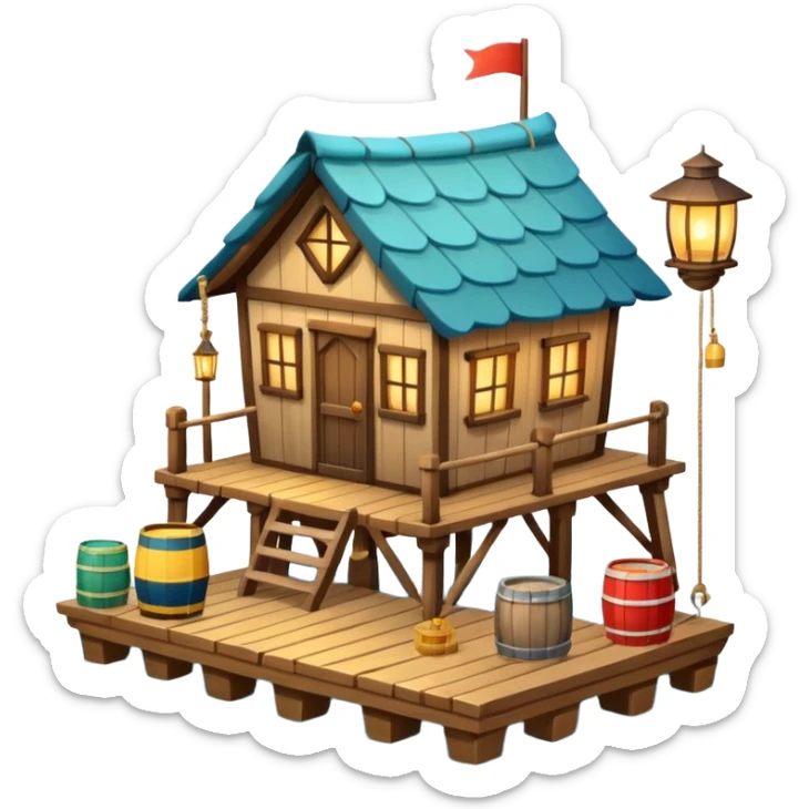 
fisherman house on a wooden pier, small dock, fishing nets hanging, barrels, lantern, ocean vibe, 3D cartoon, cute mobile game icon, clean background, no text
 sticker