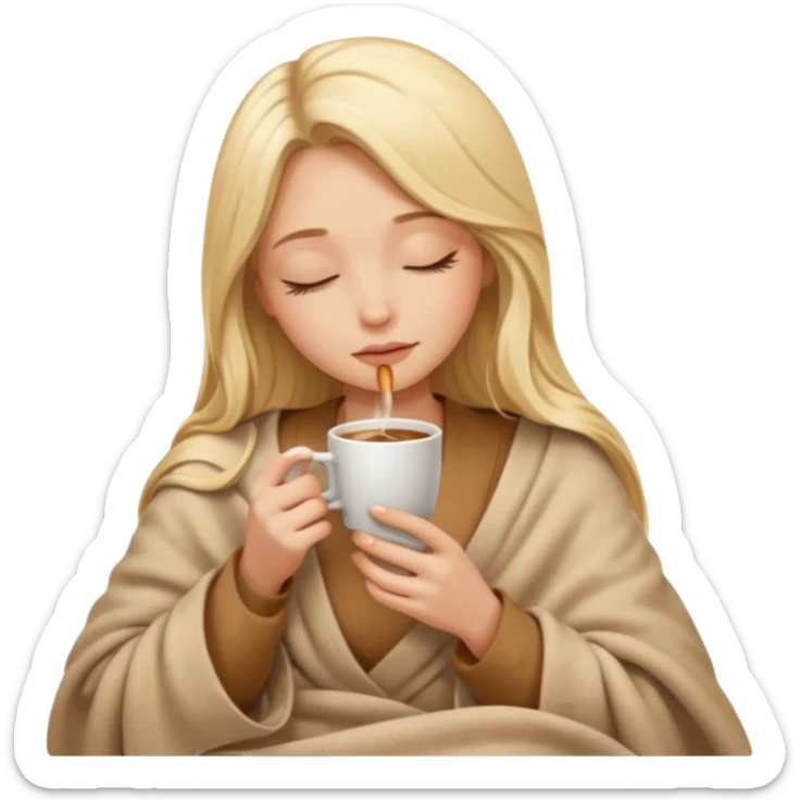 Blonde girl long hair inside a beige blanket sipping coffee eyes closed sticker