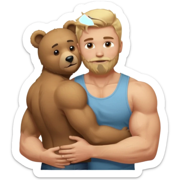 Blonde guy with  faded size and long on top muscular hair with a beard in a tank top muscular hugging a bear sticker