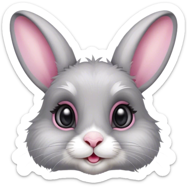 "A lively and expressive young rabbit with soft, fluffy fur in shades of gray and white. He has large, bright eyes full of mischief and curiosity, long ears that perk up attentively, and a small pink nose sticker
