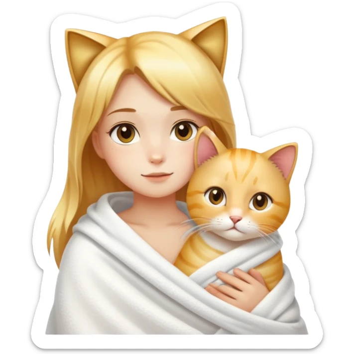 Fair skin - beautiful girl - just finished taking a shower - wrapped in a white blanket holding a golden gradient cat sticker
