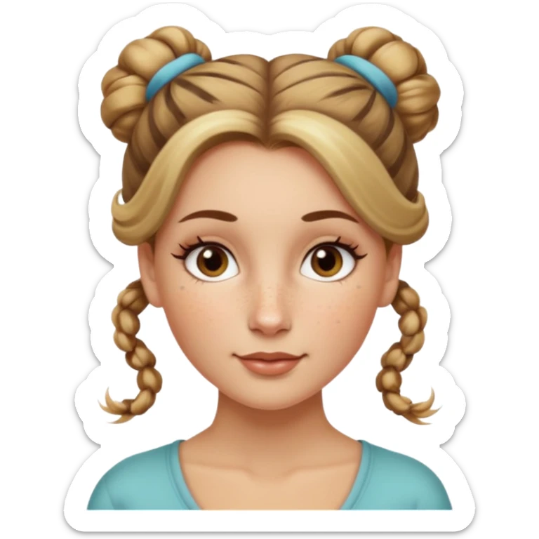 creative women with long dark Blond with highlights semi curly hair white women with hair in a top bun(one bun not two), oval shape face hazel eyes long lashes freckles on the nose high cheek bones sticker