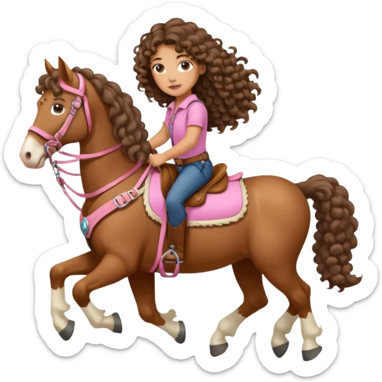 Realistic mixed race girl with long curly hair, riding a big draft horse (full body), wearing pink harness and saddle  sticker