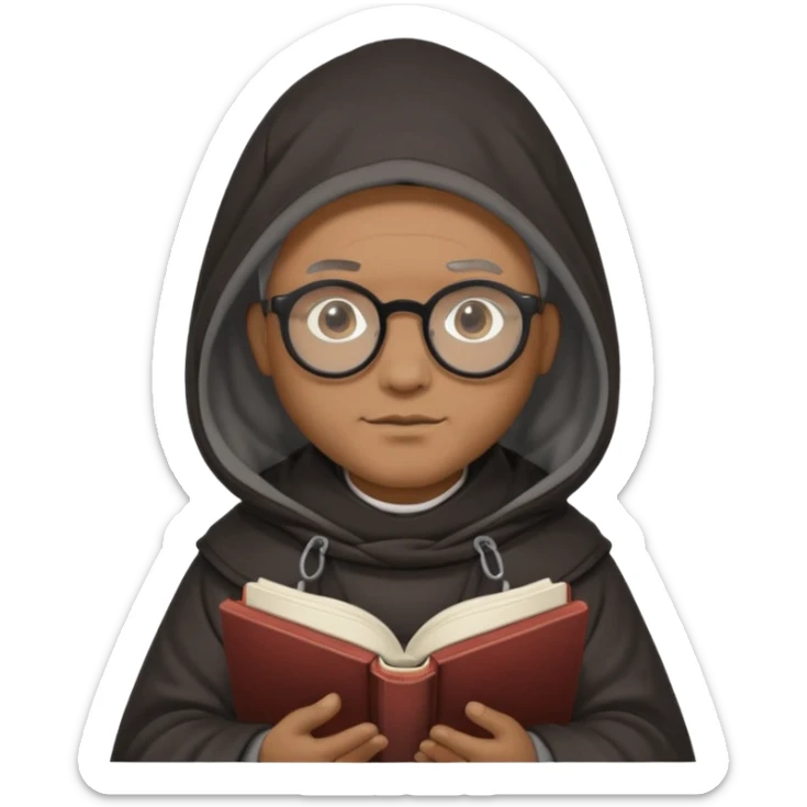 Monk priest prayer black habit with hood round black glasses done light brown wavy hair under hood remove the medallion smaller more round glassed age 46 no necklace more oval face hand holding book that says RB 480 top left is great add a little hair brown gray under hood  sticker