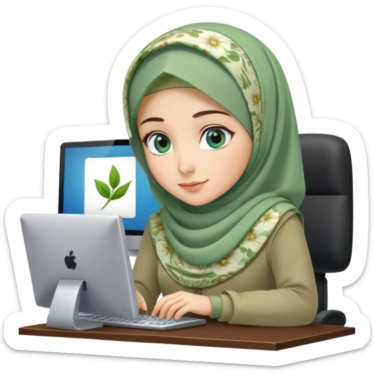 Turkish beautiful finish Konya girl blue eyes and green khaki hijab and light green floral dress and she work on office with computer sticker