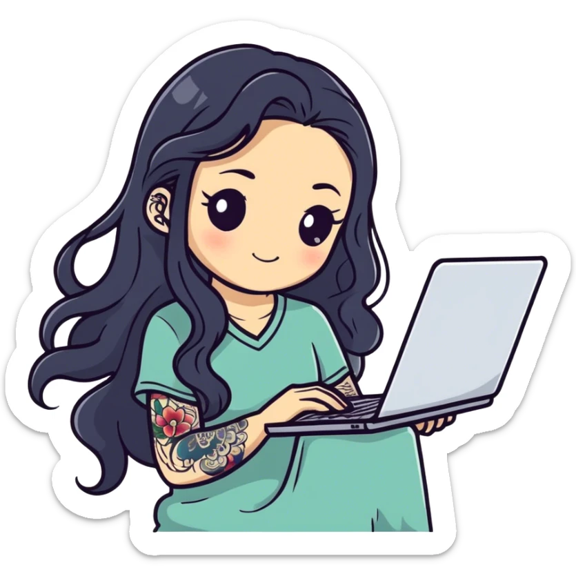 beautiful girl with tattoos, with long black hair, wavy hair, chinese, with laptop sticker