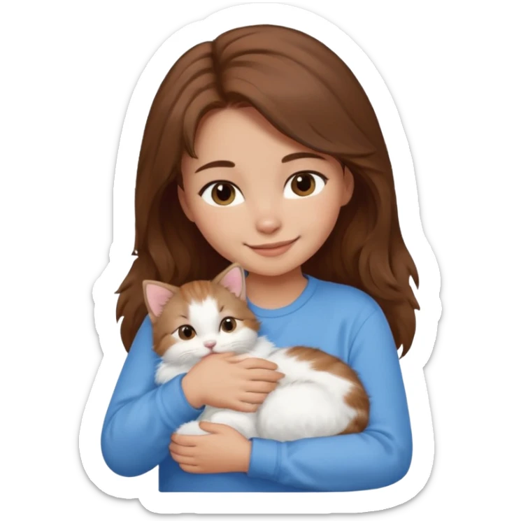 Create an emoji that has a girl wearing a blue shirt and brown hair snuggling a kitten. Smiling sticker