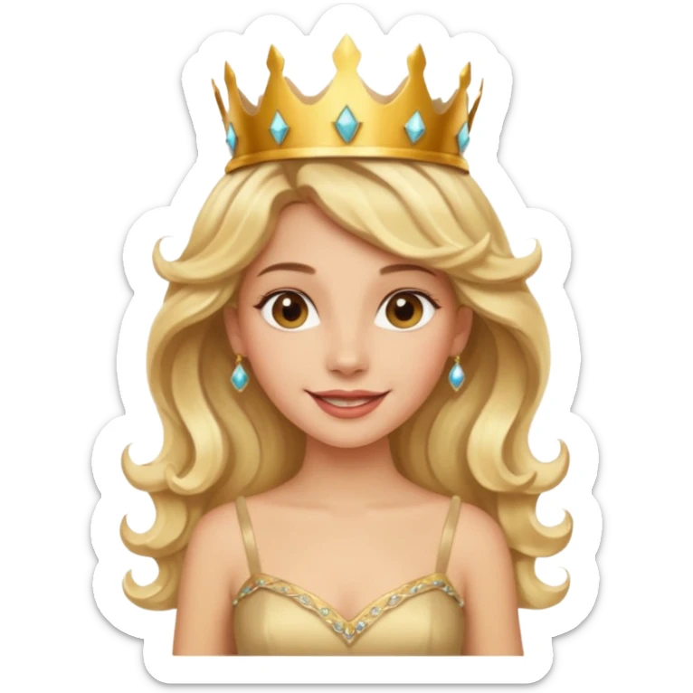 Cheerful blonde latin princess with wavy hair and light gold dress, wearing crown sticker