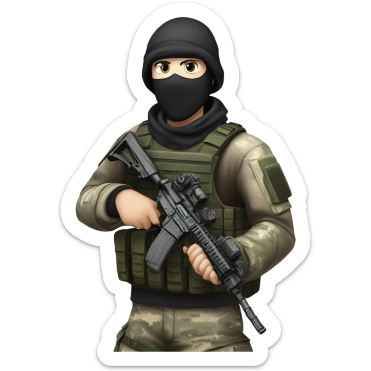 white male, pale skin, call of duty black face mask, camo tactical gear, combat boots, black beanie, hazel eyes sticker