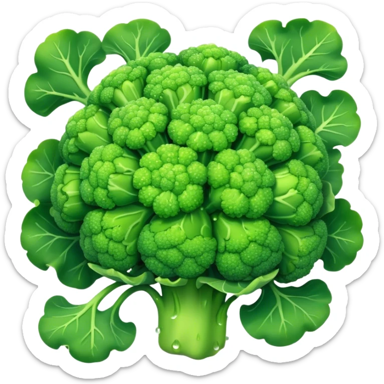 Cinematic lush green broccoli, detailed florets glistening with dewdrops, ultra-fresh and vibrant, soft glowing background, healthy and delicious. sticker