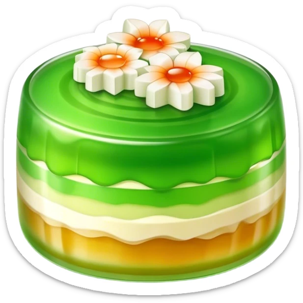 Coconut Pandan Jelly Cinematic Realistic Coconut Pandan Jelly Dessert Emoji, depicted as a layered jelly with distinct strata of coconut and pandan flavors, rendered with delicate textures and vibrant, tropical lighting. sticker