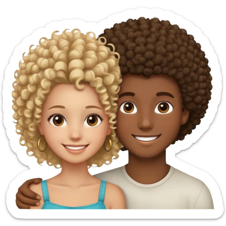 pareja, el chico rubio, caucásico, ojos marones claro, y con bonita sonrisa. La chica, morena de piel, rizada, rasgos afrodisíacos, linda y sonriente sticker