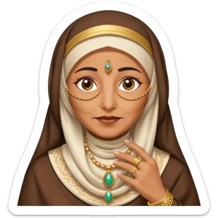 an old emirati women wearing traditional cloths covers her face with burg'a sticker