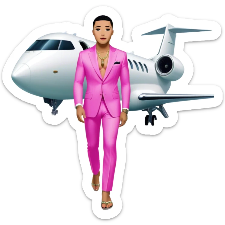 Josh King Madrid, digital entrepreneur and AI mogul, stepping off a glowing neon private jet onto a runway lined with stacks of cash, surrounded by beautiful swimwear fashion robots that resemble AI bot versions of Kim Kardashian sticker
