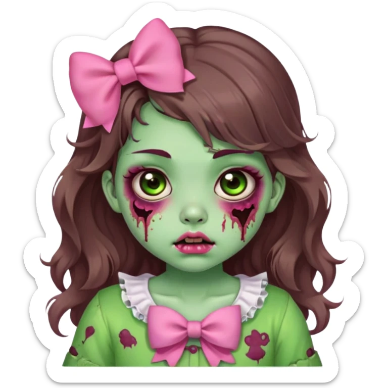Zombie girl, long wavy brown hair, big doe brown eyes, cute chubby cheeks and lips, coquette / kawaii style, green zombie skin, bruises, pink clothes, bow   sticker