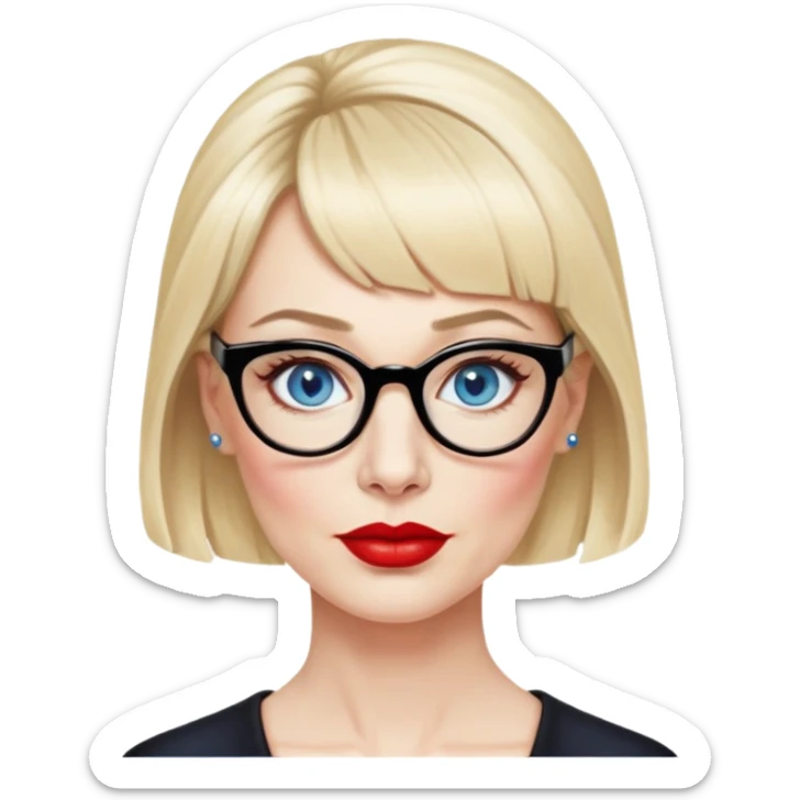 Woman in her early 50s with pale skin, wider face, blue eyes with eyeliner, thin eyebrows, red lipstick, blonde updo hair with bangs, wearing a black glasses  sticker