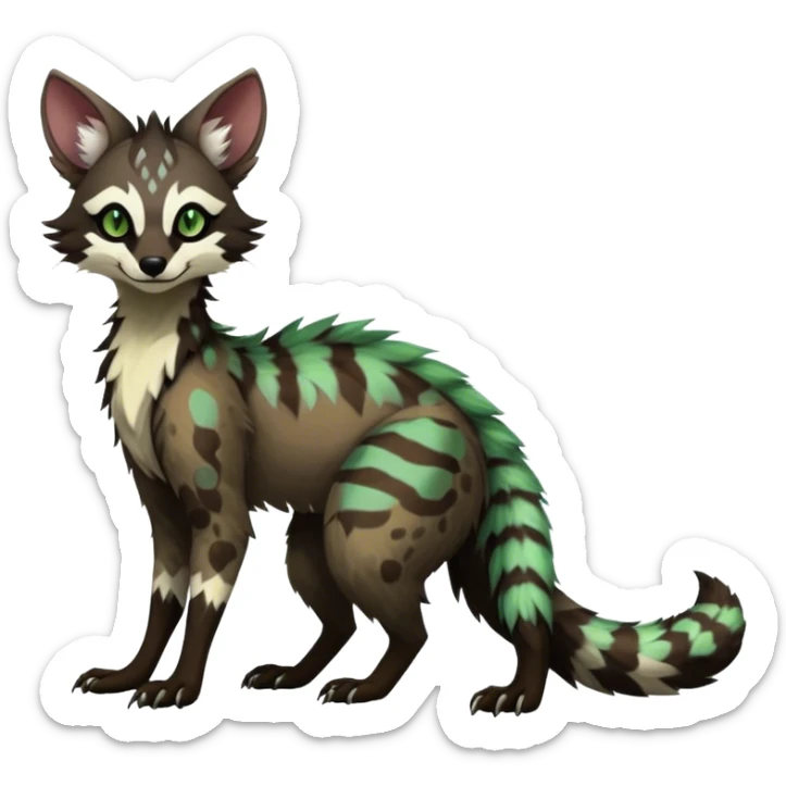 Feral Rare Fantasy dark tropical Vernid-Sergal-Genet-Trico-species by LiLaiRa, random markings, tufted tail, tufted ears, full body sticker