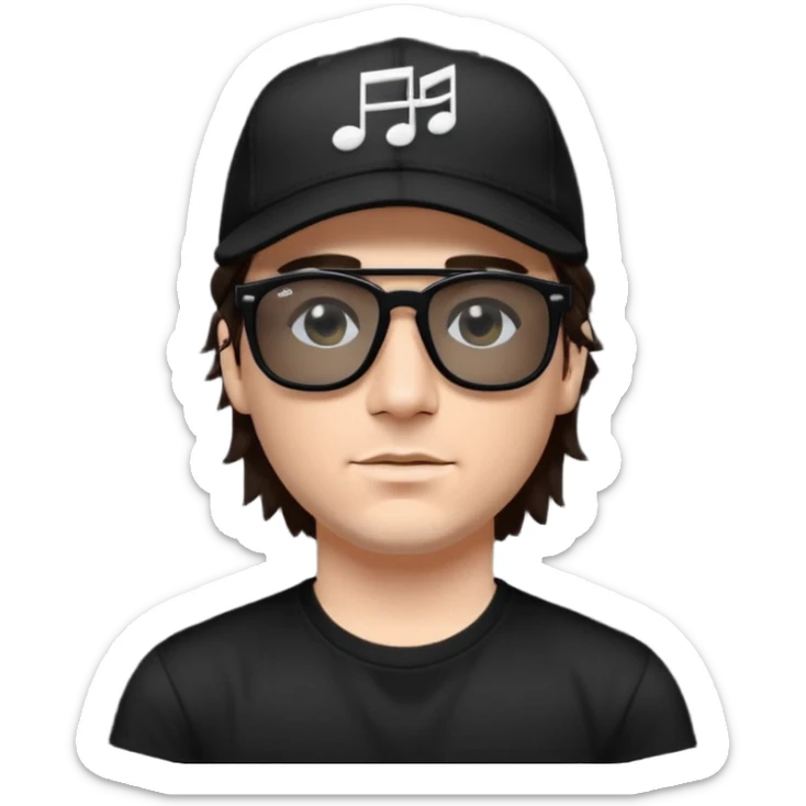 “Emoji of a white man with dark brown hair under a black baseball cap, wearing a black t‑shirt and 1980s‑style black Ray‑Ban rectangle sunglasses, with black musical notes floating around his head,  sticker