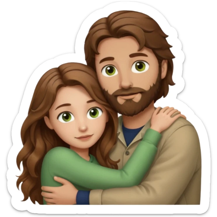 a man with  brown hair and brown beard with hazel eyes and a girl with long brown wavy hair with green eyes, togheter, with neutral clothes, hugged each other sticker