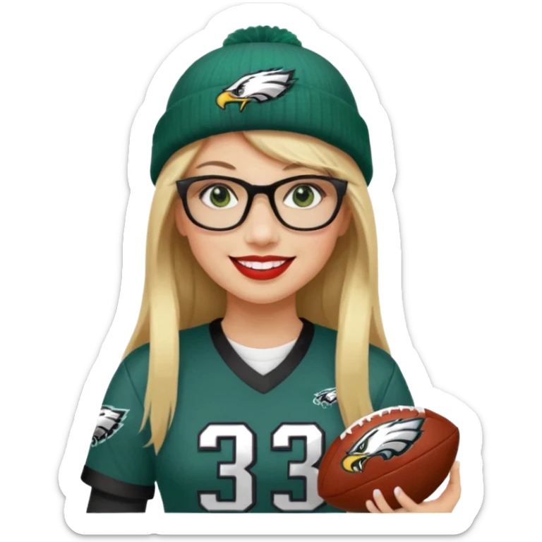 full length women wearing eagles uniform, long straight blonde hair, straight bangs, green eyes, black rectangle glasses, holding football, number 33, smiling, lipstick, eagles beanie sticker