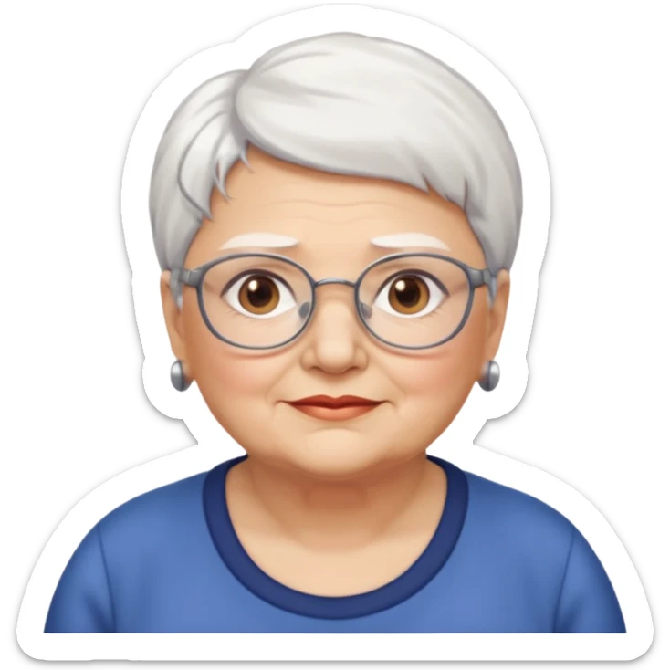 Create me emoji of an old mid-fat lady. Short white hair to left side. Square glasses. Brown eyes. No earings sticker