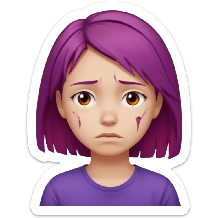 Young girl with red, damaged, and unattractive hair, wearing a purple T-shirt, with a sad and subdued expression. sticker