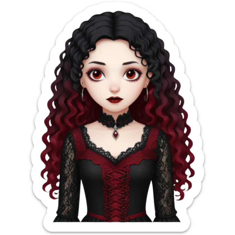A girl with a dark red goth vampire look in a black goth lace dress with long sleeves longer black curly hair sticker