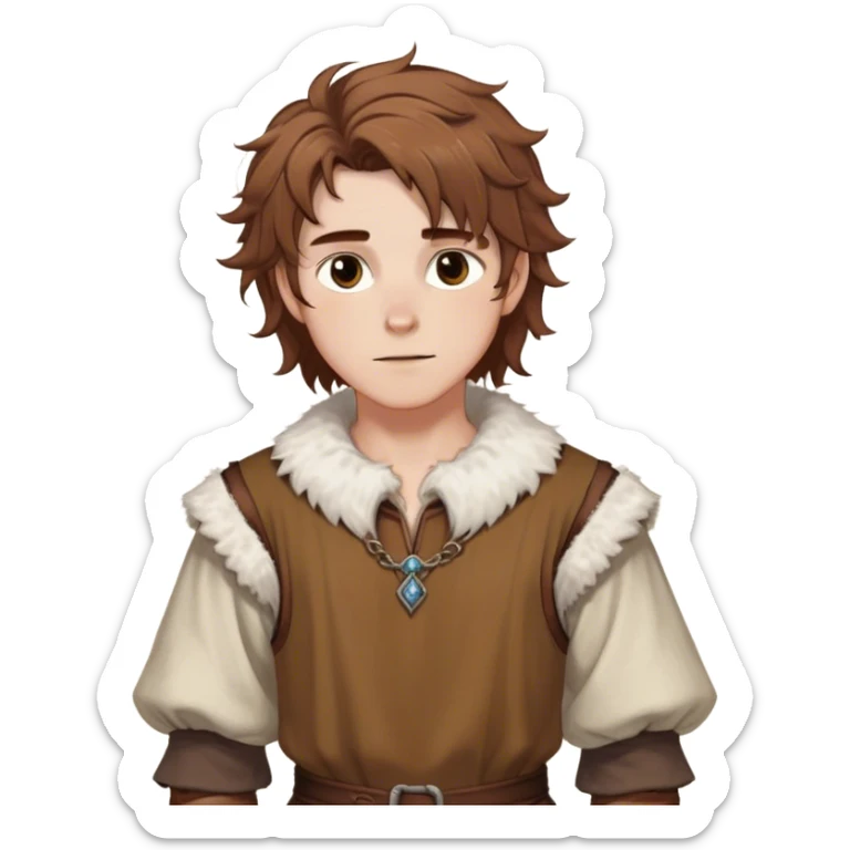 medieval spring outfit worn by a DnD themed fantasy male character. cotton tunic with sleeves rolled to the elbow, featuring a light fur-lined collar for chilly mornings. clothes only above the waist. The clothes full waist. The character's haven't arms. character is white-skinned, chestnut brown hair, amber eyes, shoulder-length messy hair. sticker