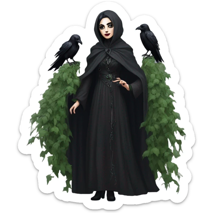 the morrigan goth woman version vines style furr robe stylish boots, perfect eyes, raven on hand, green vines decor on ground sticker