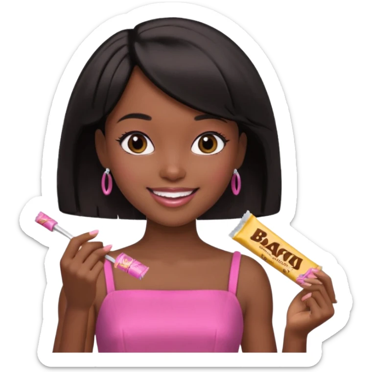 Black barbie, short  black bob  hair, pink dress eating chocalate bar sticker
