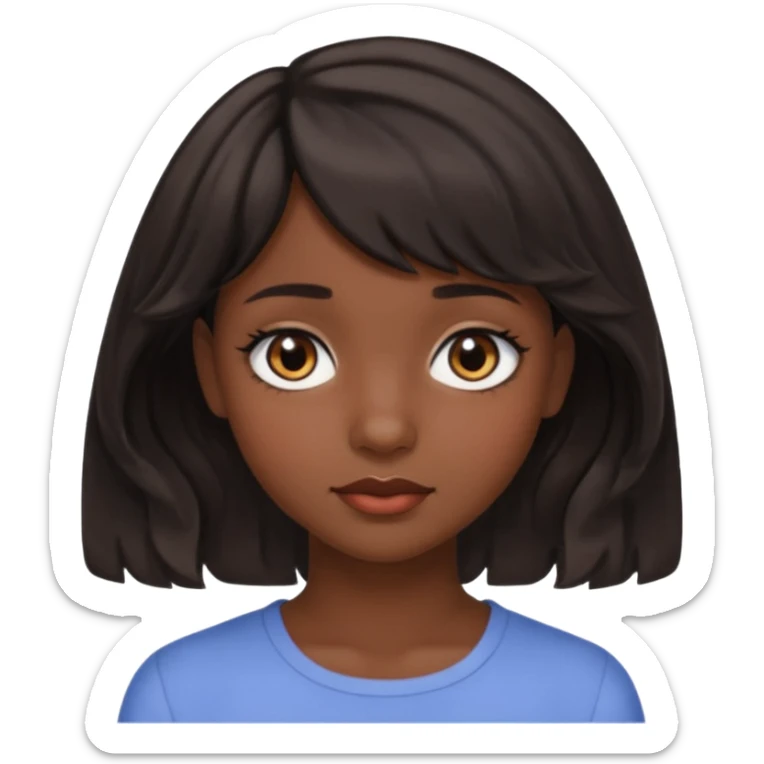 A pretty girl with dark brown eyes and short wavy dark hair with short side bangs and a neutral expression emoji sticker