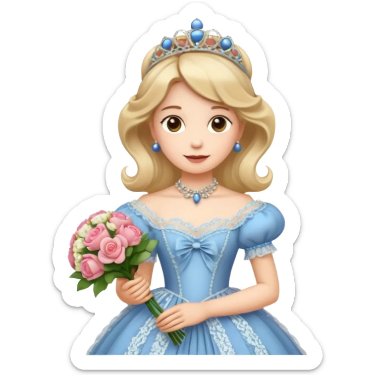 An emoji portrait of a Victorian princess. She is wearing an elaborate crinoline ball gown with intricate lace trim and ribbons. She wears a tiara on her head, and her expression is poised and proper. She is holding a small bouquet of flowers. sticker